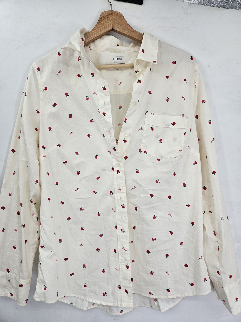 J. Crew Cream Button-Down Shirt with Red Floral Embroidery